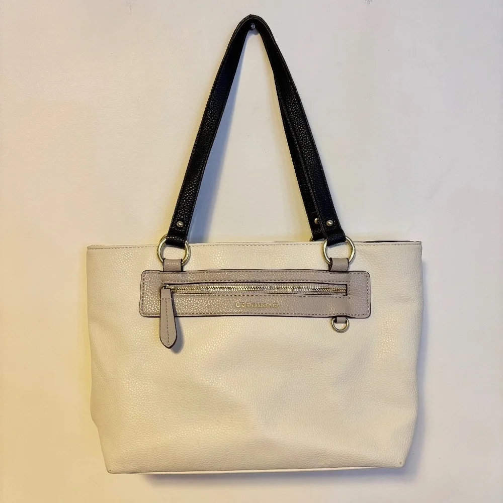 Liz Claiborne Jess Shopper Faux Leather Tote Bag Purse Cream Black Handles